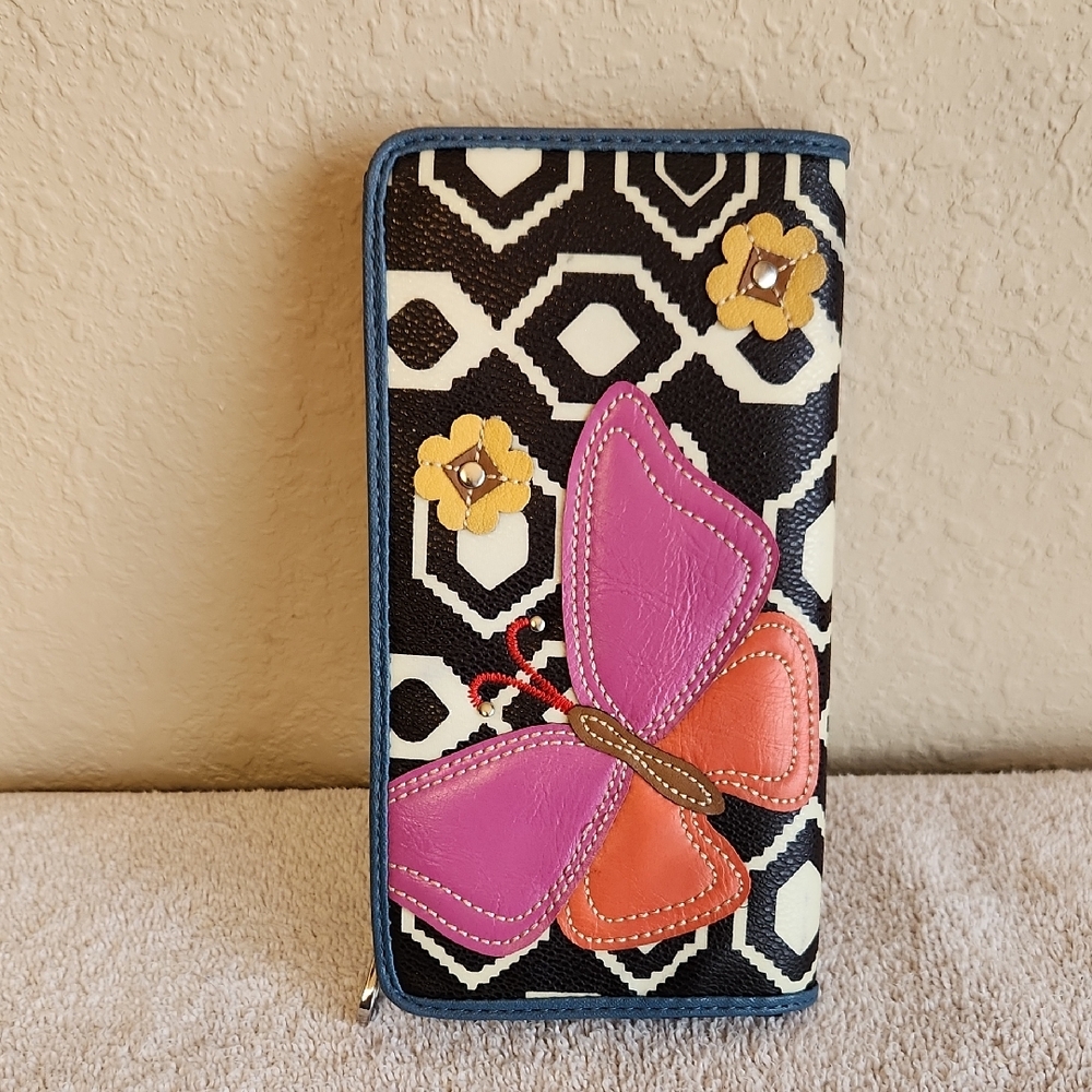 Relic Black White Geometric Wallet with Pink and Orange Butterfly Applique